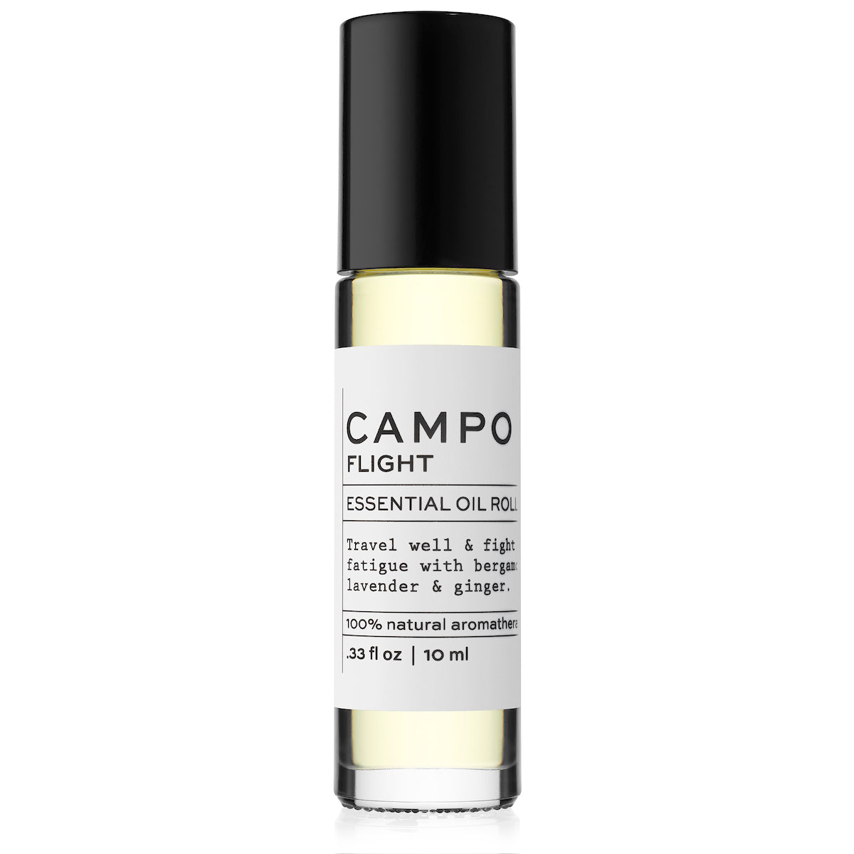 Campo Beauty Essential Oil FLIGHT Blend Roll-On that in 10 ml. Dispels feelings of stress during flight and restores a sense of vitality and alertness in any time zone. Feel grounded and connected to your mind and body with this 100% pure essential oil roll-on blend of Bergamot, Lavender, Peppermint &amp; Ginger. Pre-blended with 100% natural beauty carrier oils, so it’s jet-set and ready to roll.