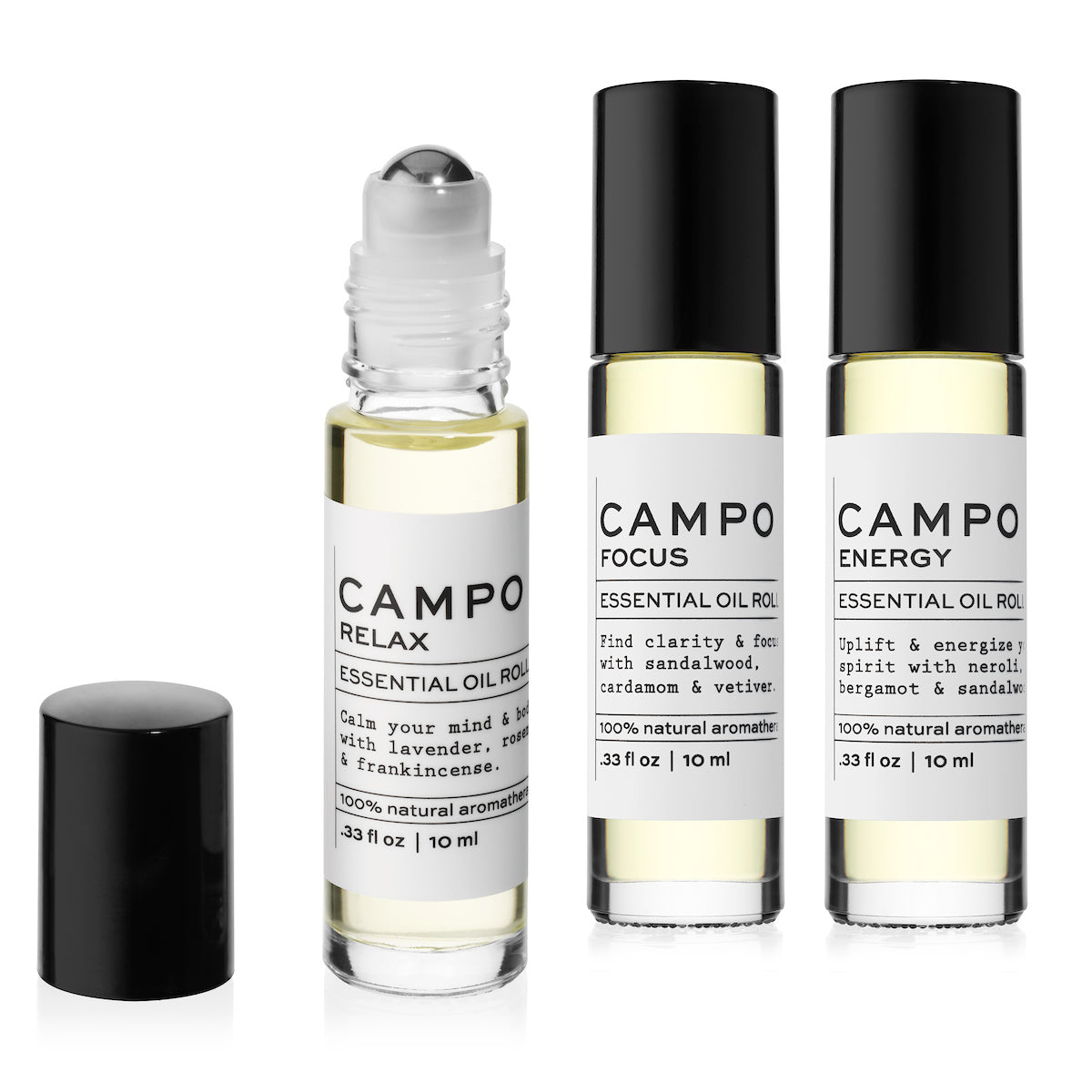 Campo Beauty Essential Oil FOCUS Blend Roll-On that in 10 ml. Inspires feelings of peace and tranquility to promote heightened awareness and mental clarity. Feel clarity and grounded with this 100% natural essential oil roll-on blend of Australian Sandalwood, Cardamom, Vetiver &amp; Cedarwood Atlas, Himalayan, Texas &amp; Virginia.