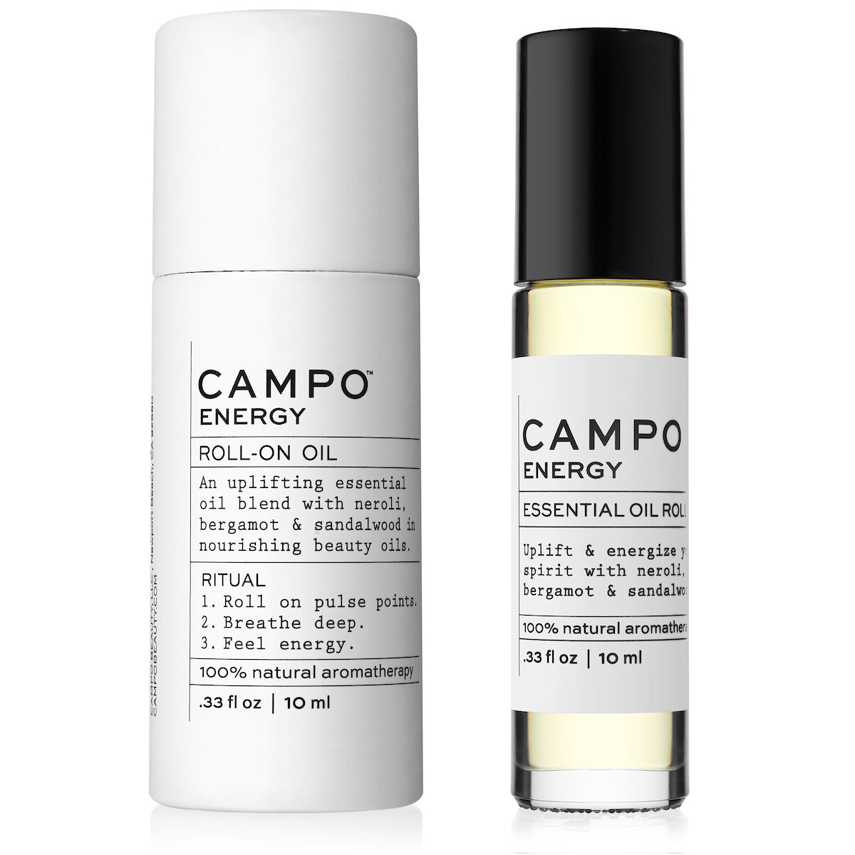 Campo Beauty ENERGY Blend Essential Oil Roll-On in 10 ml. Restores a sense of vitality and alertness. Uplift &amp; energize your spirits naturally with this 100% pure essential oil roll-on blend of Neroli Orange Blossom, Bergamot, Sweet Orange, and Bitter Orange with a hint of Sandalwood. A refreshing and distinctive rich citrus scent with sweet and flowery notes. Pre-blended with 100% natural beauty carrier oils, so it&#39;s jet-set and ready to roll!