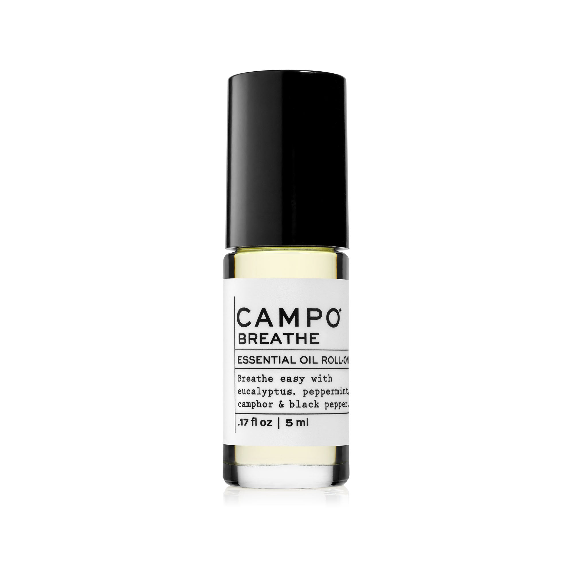 CAMPO Beauty 5 ml BREATHE Blend Essential Oil Roll-On. Breathe easy with this essential oil blend of eucalyptus, peppermint, camphor & black pepper. Blended with 100% natural beauty carrier oils. Jet set and ready to roll. 