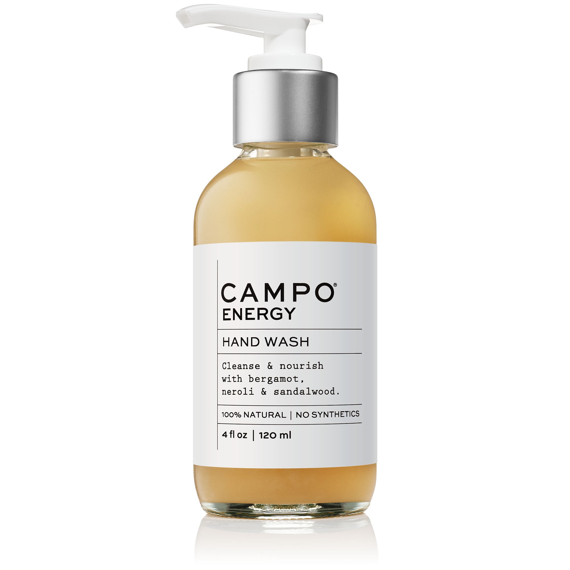Campo Beauty Essential Oil Hand Wash - ENERGY Blend. Wash away the germs & breathe in aromatherapy with our nourishing ENERGY essential oil hand wash. Stay well with a 100% natural essential oil blend of bergamot, neroli & sandalwood. Transport yourself to nature & transform your mood.  No harsh, dirty ingredients - no synthetic preservatives, detergents, or foaming agents.