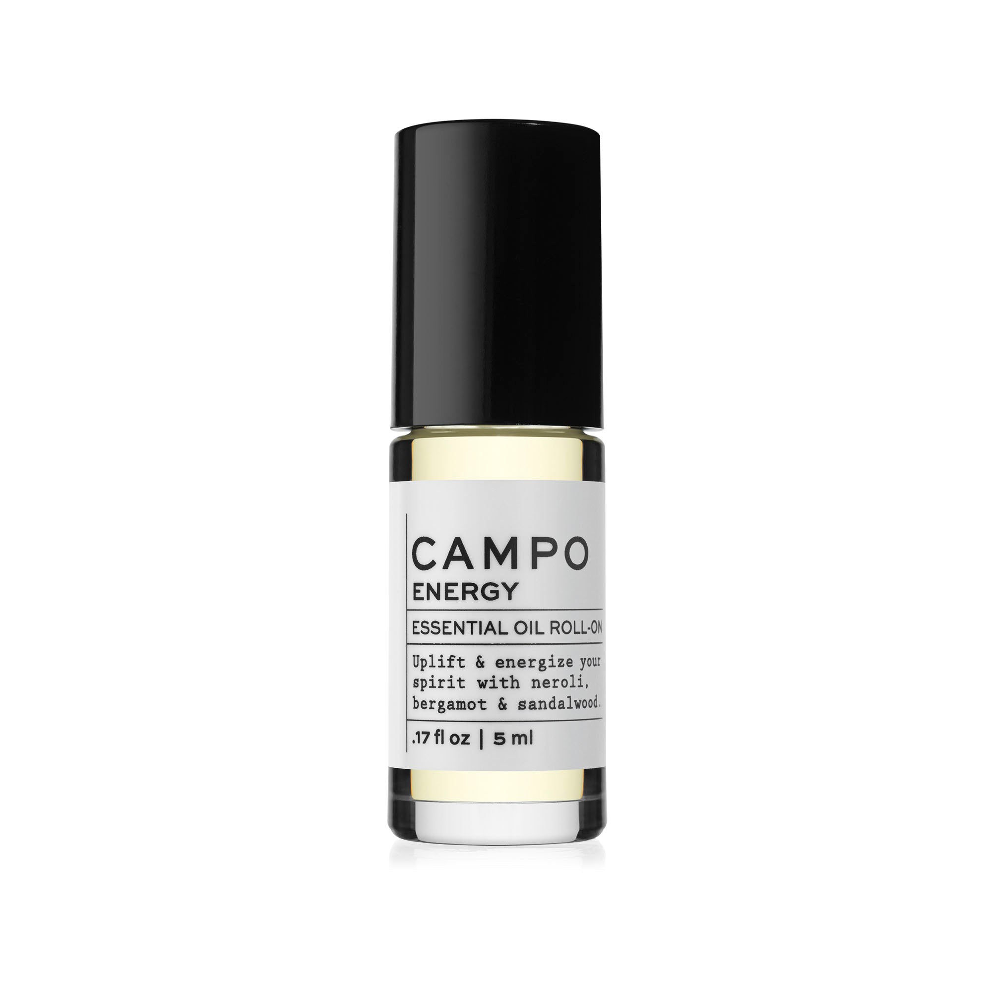 Campo Beauty ENERGY Blend Essential Oil Roll-On in 5 ml. Restores a sense of vitality and alertness. Uplift & energize your spirits naturally with this 100% pure essential oil roll-on blend of Neroli Orange Blossom, Bergamot, Sweet Orange, and Bitter Orange with a hint of Sandalwood. A refreshing and distinctive rich citrus scent with sweet and flowery notes. Pre-blended with 100% natural beauty carrier oils, so it's jet-set and ready to roll!
