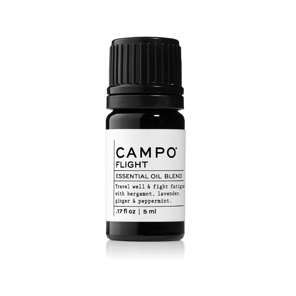 Campo Beauty FLIGHT Blend 5 ml Essential Oil. Dispels feelings of stress during flight and restores a sense of vitality and alertness in any time zone. Feel grounded and connected to your mind and body with this 100% pure essential oil roll-on blend of Bergamot, Lavender, Peppermint &amp; Ginger.