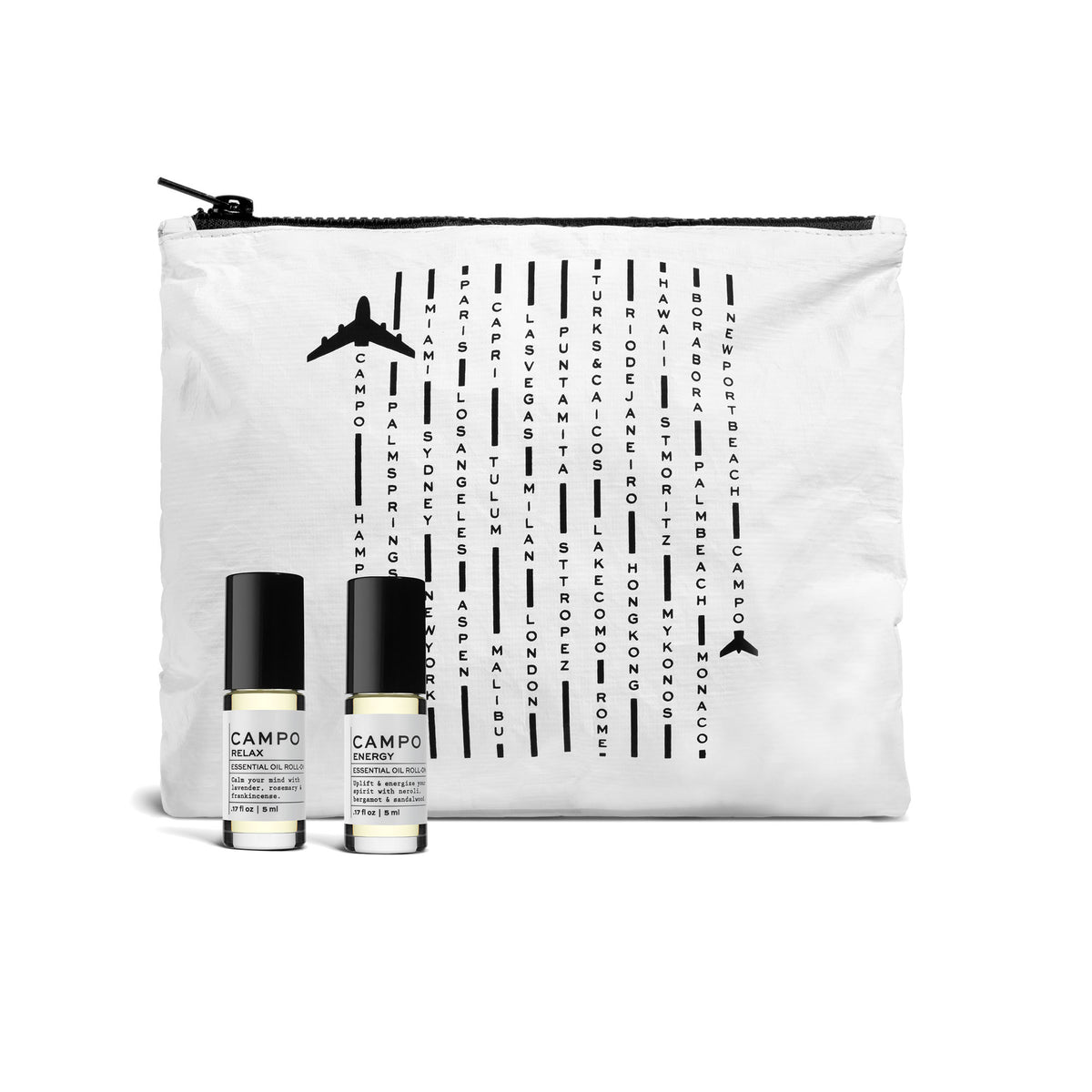 The perfect essential oil roll-on duo to uplift your spirits and help you relax on the go. Ease jitters and combat jet lag with these metal ball roll-ons that provide soothing pulse point therapy in any time zone. From LA to NY &amp; beyond this signature jet-set bag is perfect for travel and made from coated, protective Tyvek material (wet/dry).            