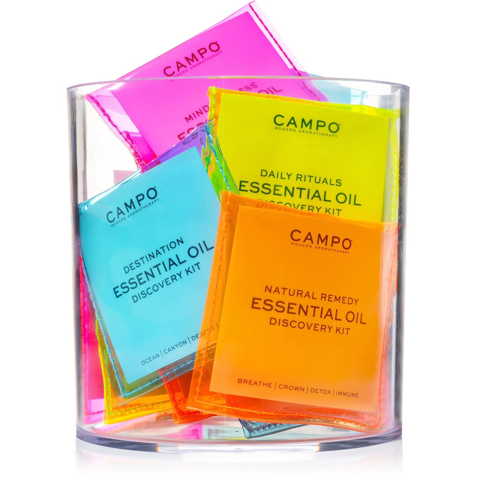 Campo Pure Essential Oil Destinations  Kit with vials of Ocean, Canyon, Desert and Woods  Essential Oils in neon blue pouch  by Campo
