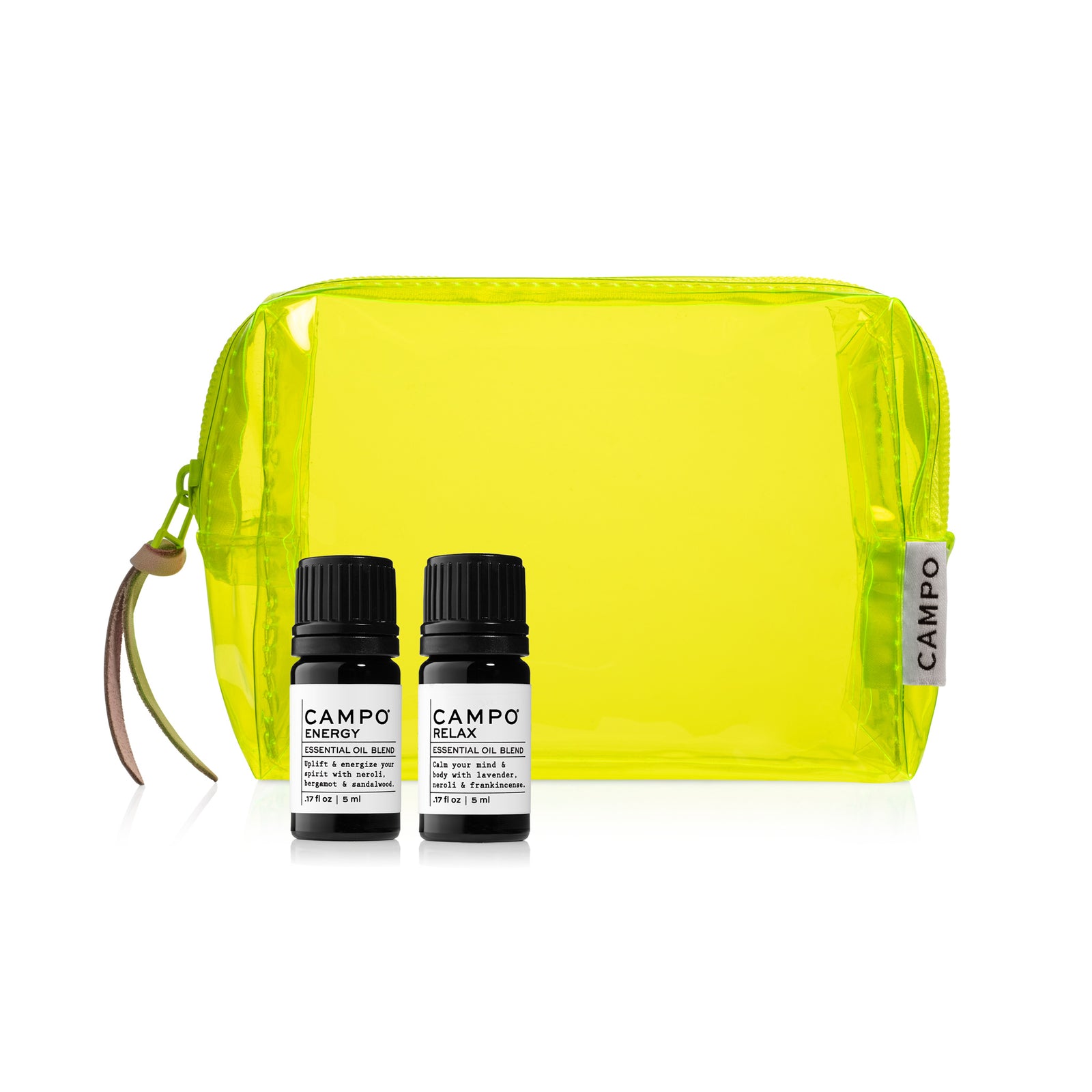 Energy and Relax Pure Essential Oil 5ml kit in neon yellow pouch with pull by Campo.