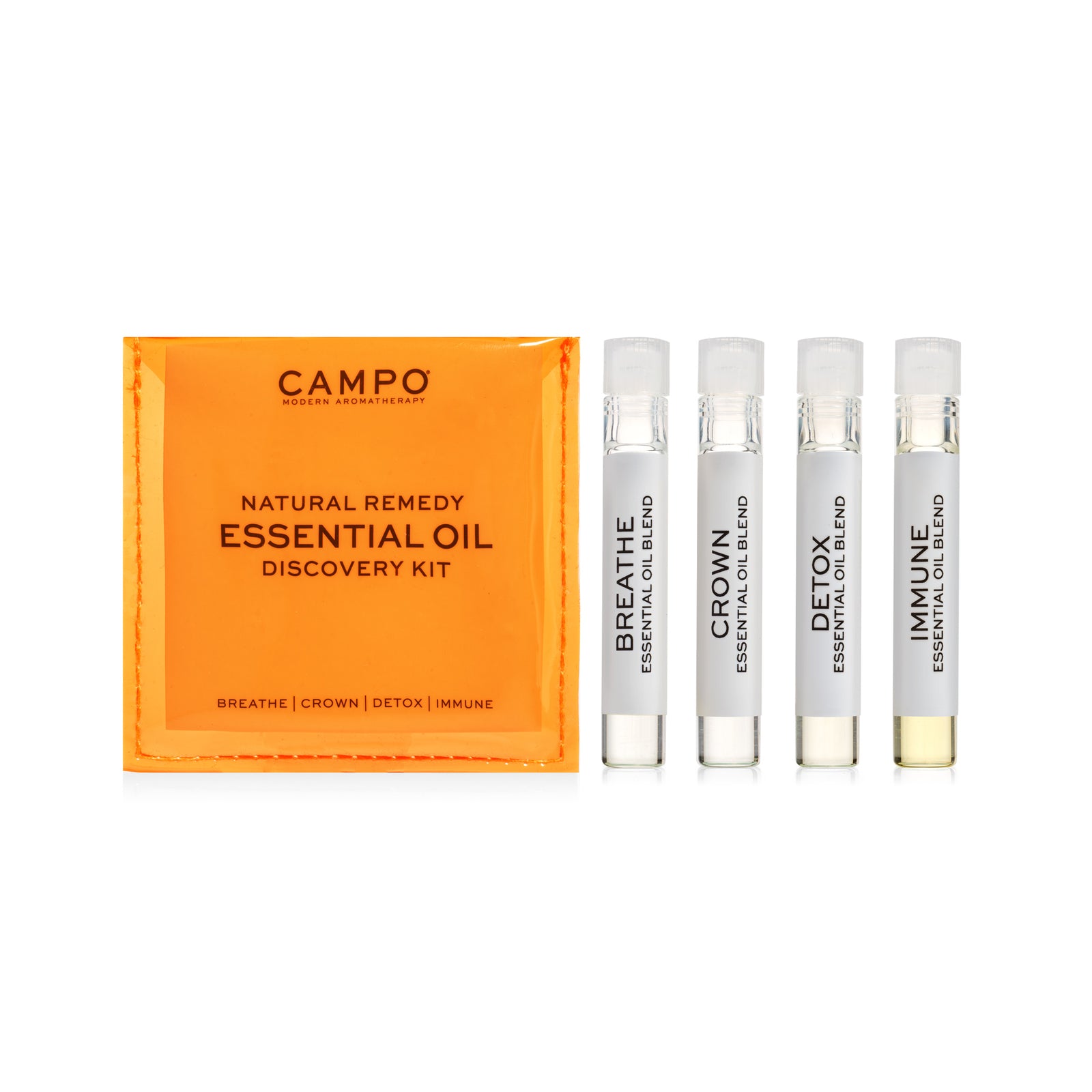 Campo Essential Oil Natural Remedy Kit with 4 vials of Breathe, Crown, Detox and Immune Essential Oils in neon Orange pouch by Campo