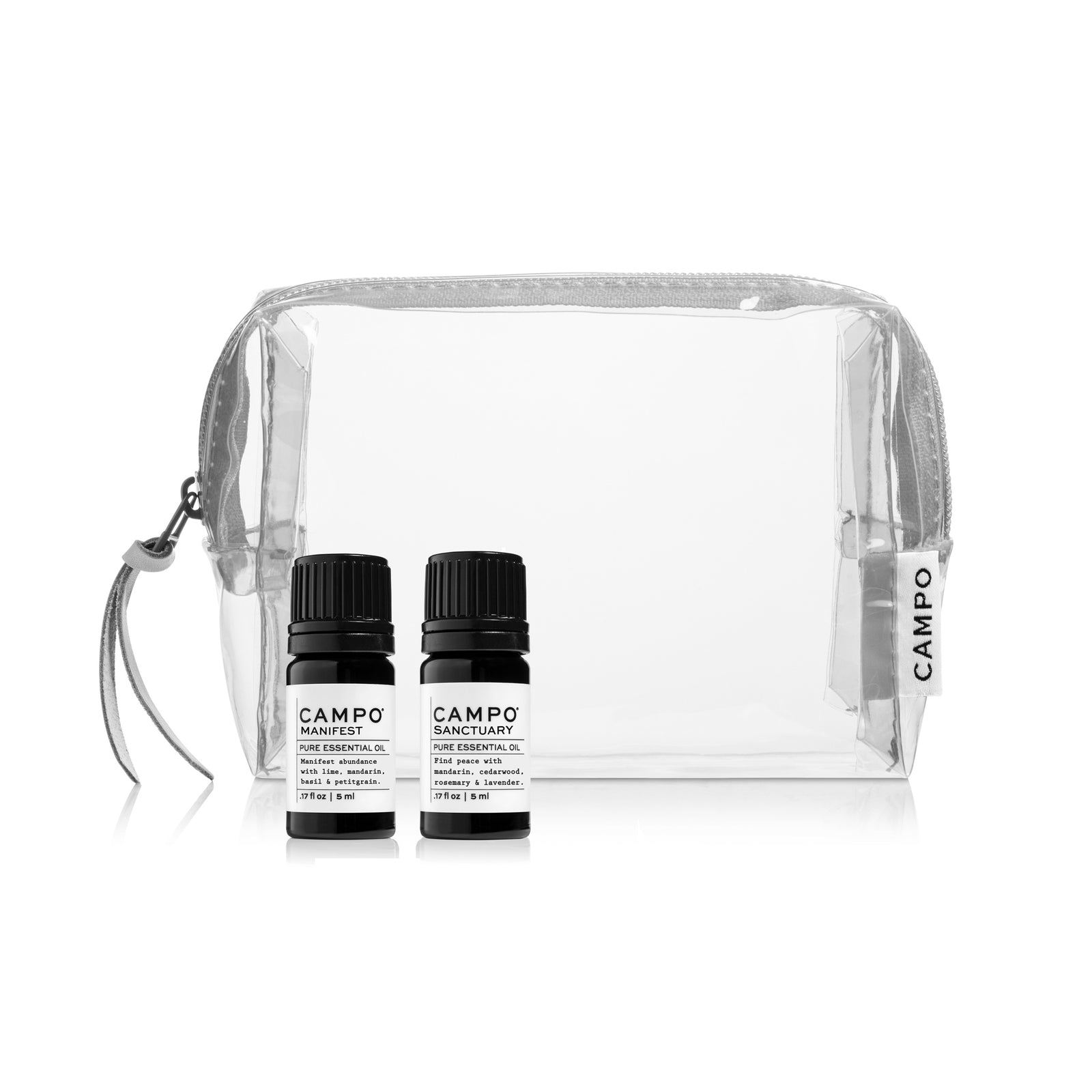 Manifest and Sanctuary Pure Essential Oil 5ml kit in clear neon pouch with pull by Campo. 