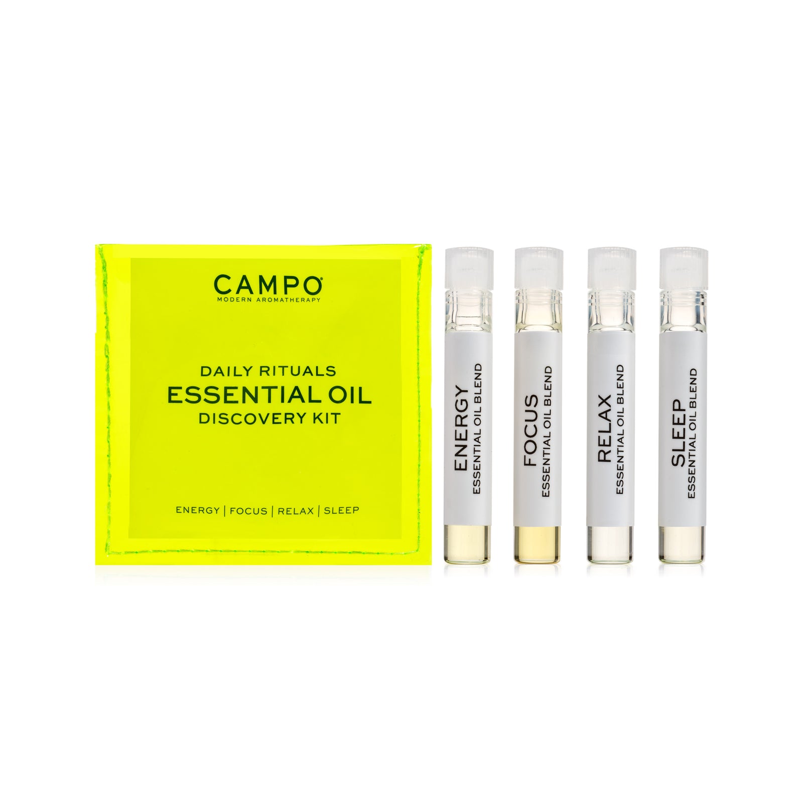 Campo Essential Oil Daily Rituals  Kit with 4 vials of Energy, Focus, Relax and Sleep  Essential Oils in neon yellow  pouch by Campo