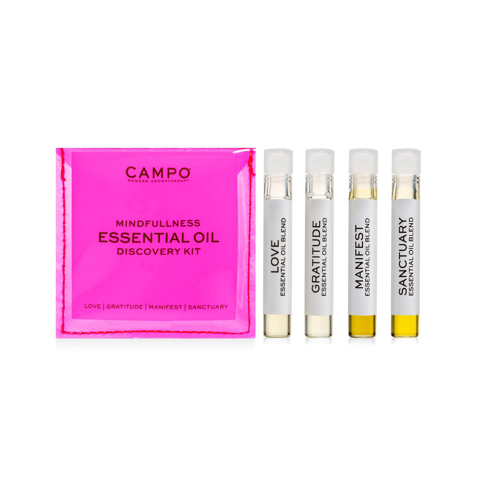 Campo Pure Essential Oil Mindfulness  Kit with vials of Love, Gratitude, Manifest and Sanctuary  Essential Oils in neon pink  pouch by Campo.
