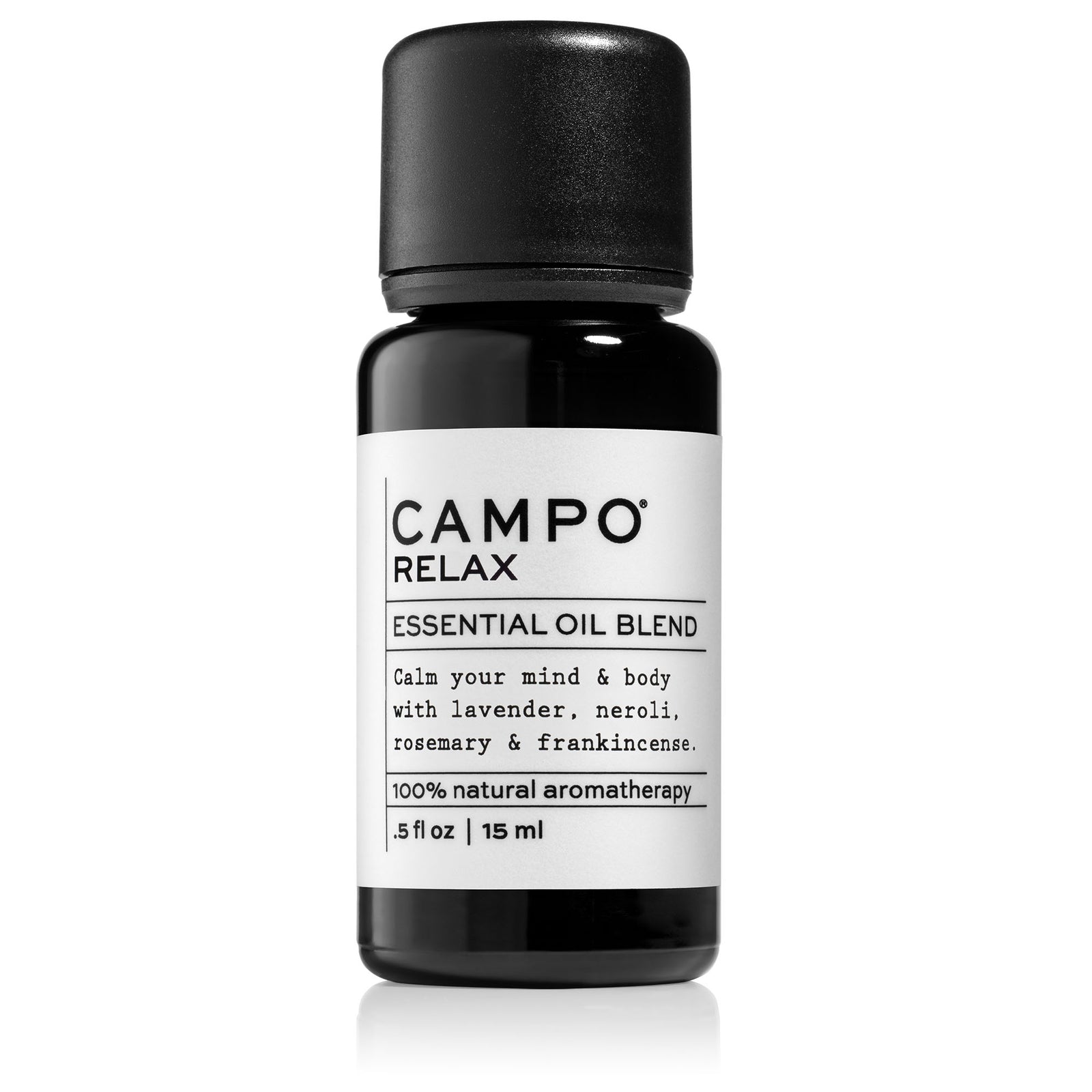 Campo RELAX Pure Essential Oil Blend in 15ml violet glass bottle. Calming essential oils of Lavender, Rosemary and Frankincense help reduce stress and relieve anxiety.