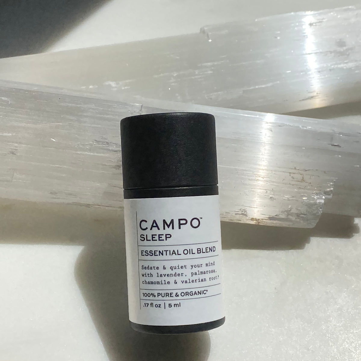 CAMPO SLEEP pure essential oil blend 5ml tube on white selenite.