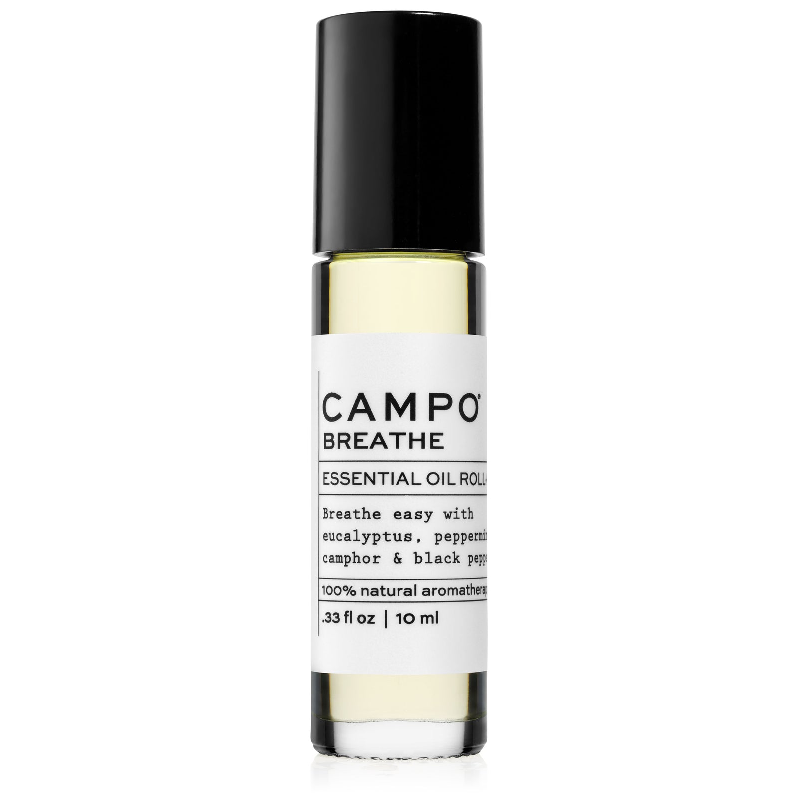 CAMPO Beauty 5 ml BREATHE Blend Essential Oil Roll-On. Breathe easy with this essential oil blend of eucalyptus, peppermint, camphor & black pepper. Blended with 100% natural beauty carrier oils. Jet set and ready to roll. 