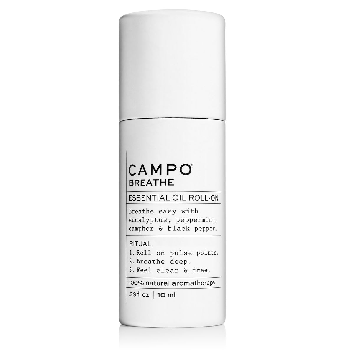 CAMPO Beauty 10 ml package BREATHE Blend Essential Oil Roll-On. Breathe easy with this essential oil blend of eucalyptus, peppermint, camphor &amp; black pepper. Blended with 100% natural beauty carrier oils. Jet set and ready to roll. 