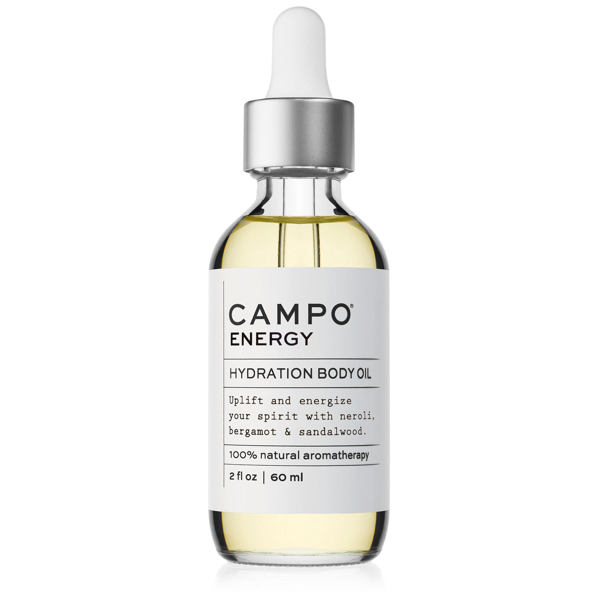 Campo Beauty Hydration Belly Oil - ENERGY Blend that in 60 ml. Restores a sense of vitality and alertness.  Gives your skin an instant glow and an infusion of nourishing deep hydration.  An uplifting blend of 100% pure essential oils with rich citrus notes of Italian Neroli Orange Blossom, Bergamot, Sweet Orange, and Bitter Orange with a hint of Australian Sandalwood. Blended with 100% natural beauty carrier oils. Feel the energy inside and out. 
