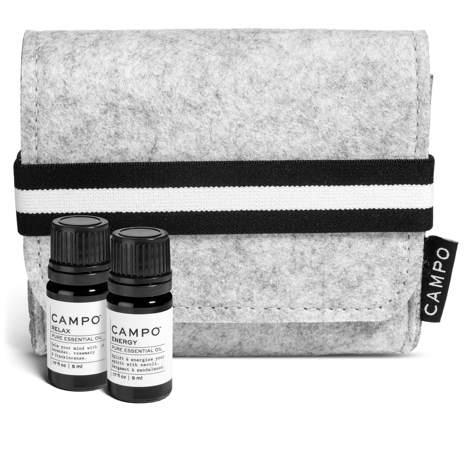ENERGY + RELAX PURE ESSENTIAL OIL KIT comes in a felt crafted bag perfect for the person on-the-go!  Ritual:  1. Put 5-15 drops in diffuser or shower.  2. Breathe deep.  3. Feel the ethos of energy or calm.  ENERGY PURE ESSENTIAL OIL: Restores a sense of vitality and alertness.  An uplifting blend of 100% pure essential oils with rich citrus notes of Italian Neroli Orange Blossom,  Bergamot, Sweet Orange and Bitter Orange with a hint of Australian Sandalwood.   Feel the energy inside and out.  