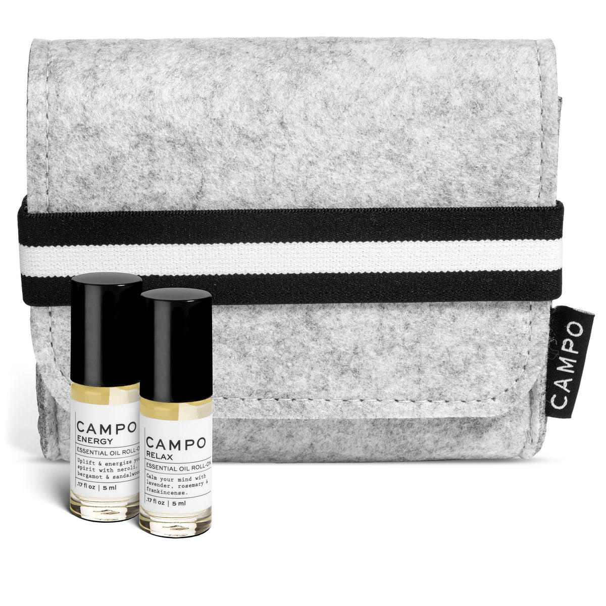 Campo Beauty Energy &amp; Relax Essential Oil Roll-On Kit in grey felt bag. Jet set and ready to roll on.   Energy Roll-On Benefits: energizing, uplifting, invigorating, and refreshing.