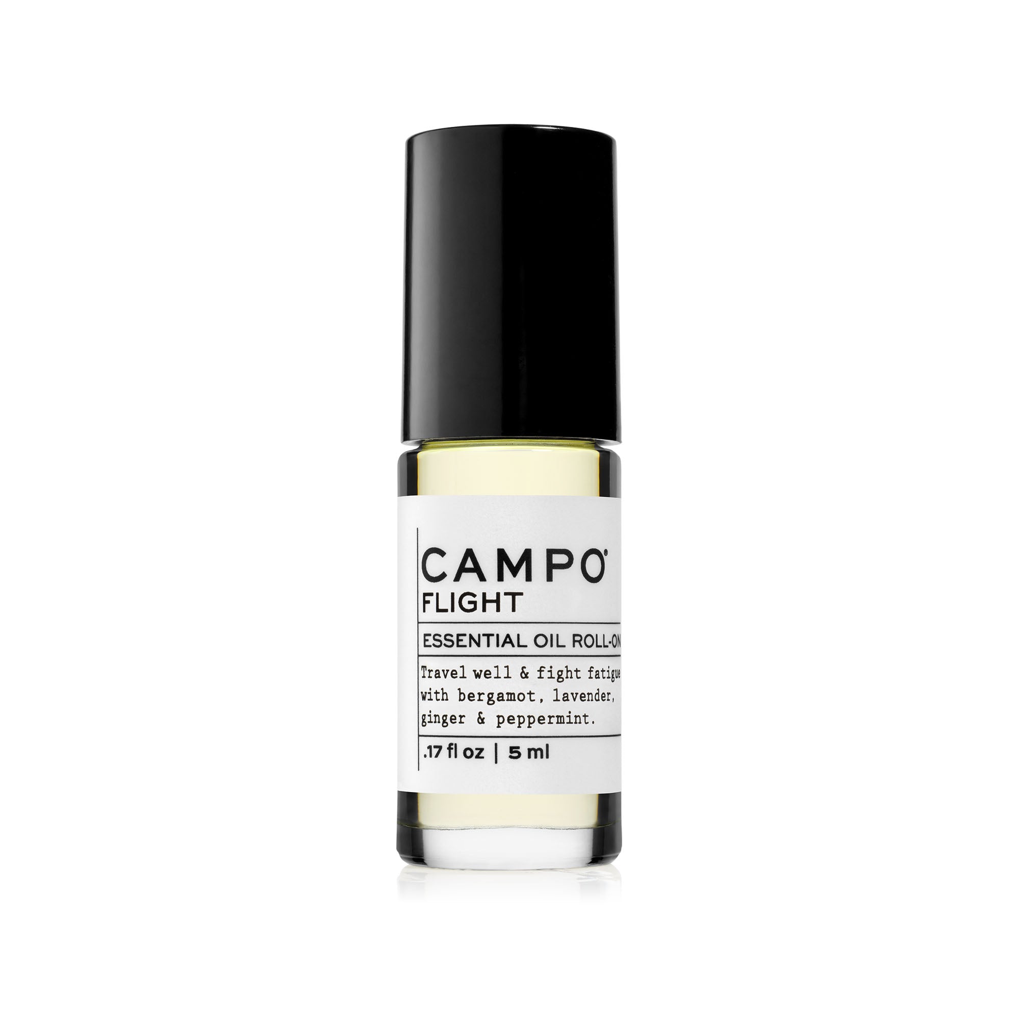 Campo Beauty Essential Oil FLIGHT Blend Roll-On that in 5 ml. Dispels feelings of stress during flight and restores a sense of vitality and alertness in any time zone. Feel grounded and connected to your mind and body with this 100% pure essential oil roll-on blend of Bergamot, Lavender, Peppermint & Ginger. Pre-blended with 100% natural beauty carrier oils, so it’s jet-set and ready to roll.