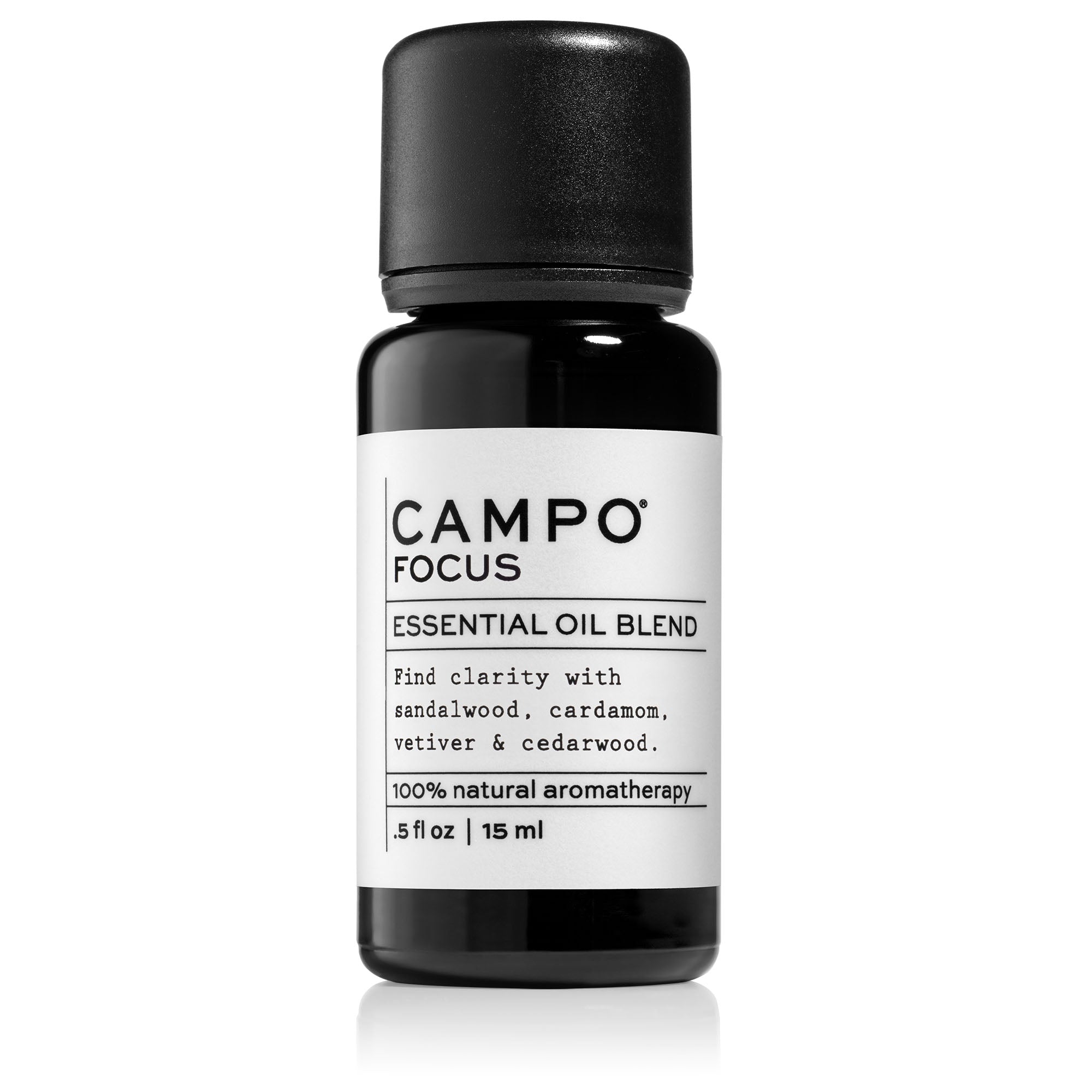 Campo Beauty FOCUS Blend 15 ml Essential Oil. Inspires feelings of peace and tranquility to promote heightened awareness and mental clarity.  A grounding blend of 100% pure essential oils of warm, woodsy Australian Sandalwood, Cardamom, Vetiver, Cedarwood Virginia, Cedarwood Texas, Cedarwood Himalayan, and Cedarwood Atlas.