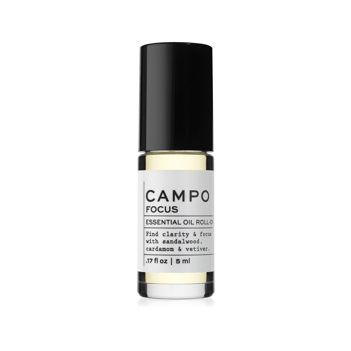 Campo Beauty Essential Oil FOCUS Blend Roll-On that in 5 ml. Inspires feelings of peace and tranquility to promote heightened awareness and mental clarity. Feel clarity and grounded with this 100% natural essential oil roll-on blend of Australian Sandalwood, Cardamom, Vetiver &amp; Cedarwood Atlas, Himalayan, Texas &amp; Virginia.