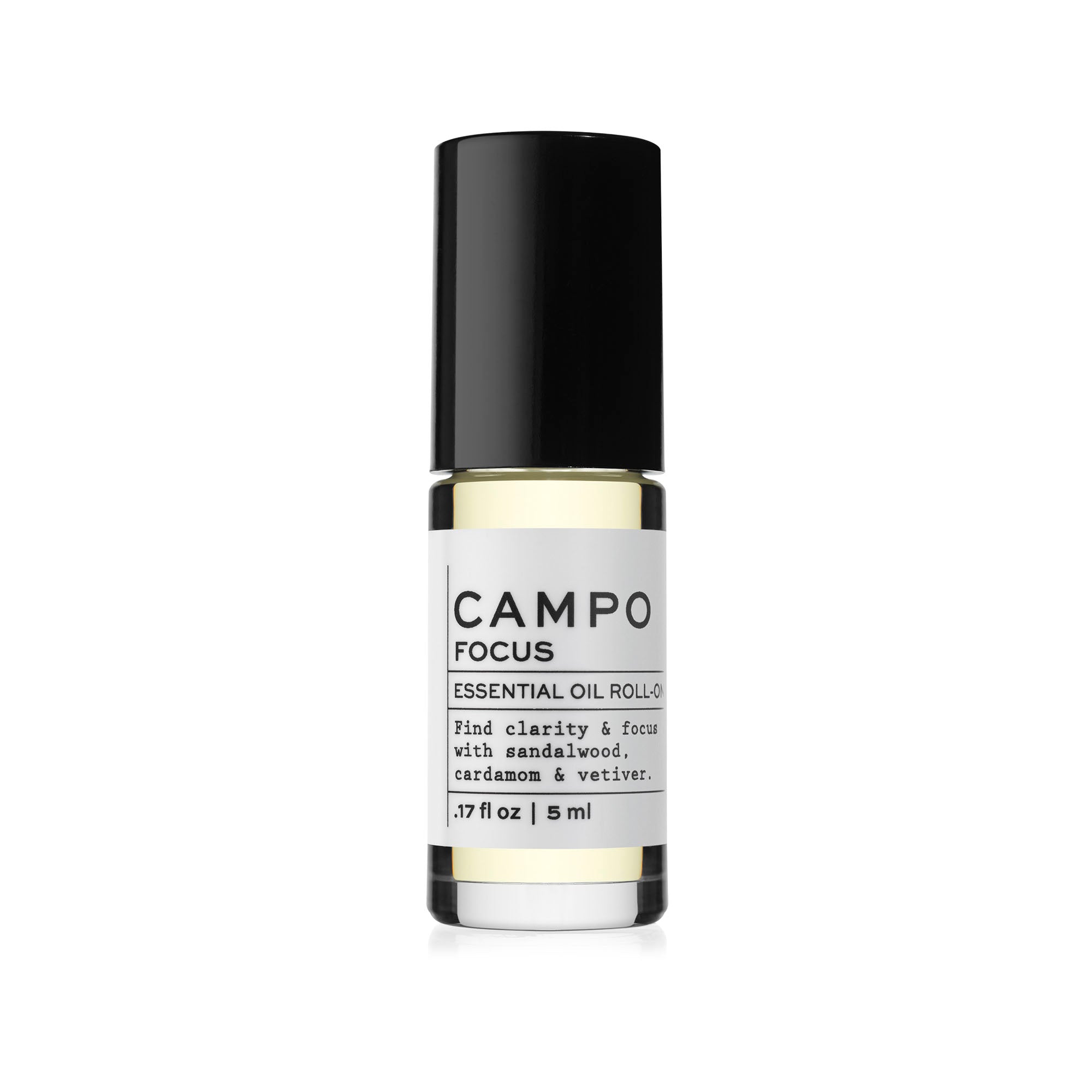 Campo Beauty Essential Oil FOCUS Blend Roll-On that in 5 ml. Inspires feelings of peace and tranquility to promote heightened awareness and mental clarity. Feel clarity and grounded with this 100% natural essential oil roll-on blend of Australian Sandalwood, Cardamom, Vetiver & Cedarwood Atlas, Himalayan, Texas & Virginia.