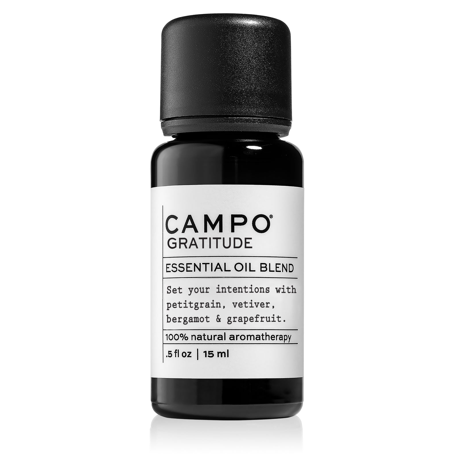 Campo Beauty GRATITUDE Blend 15 ml Essential Oil. Inspires feelings of purpose, courage & gratitude with 100% natural pure essential oil blend of Petitgrain, Bitter Orange, Vetiver, Grapefruit & Bergamot.