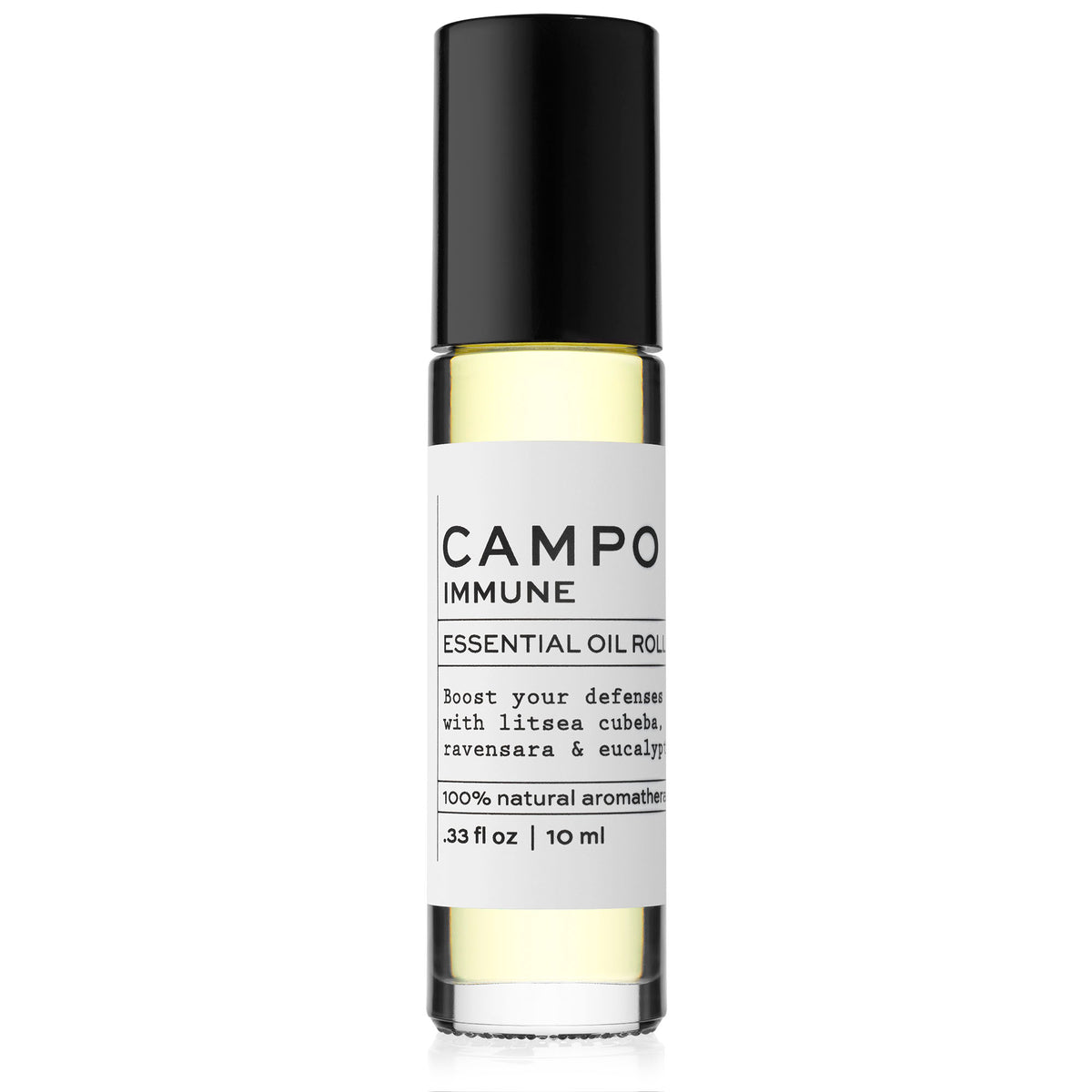 Campo Beauty Essential Oil IMMUNE Blend Roll-On that in 10 ml. Boost your defenses naturally. Help support your body’s natural defenses with this 100% natural essential oil roll-on blend of Litsea Cubeba, Ravensara &amp; Eucalyptus. Pre-blended with 100% natural beauty carrier oils. Jet set and ready to roll.