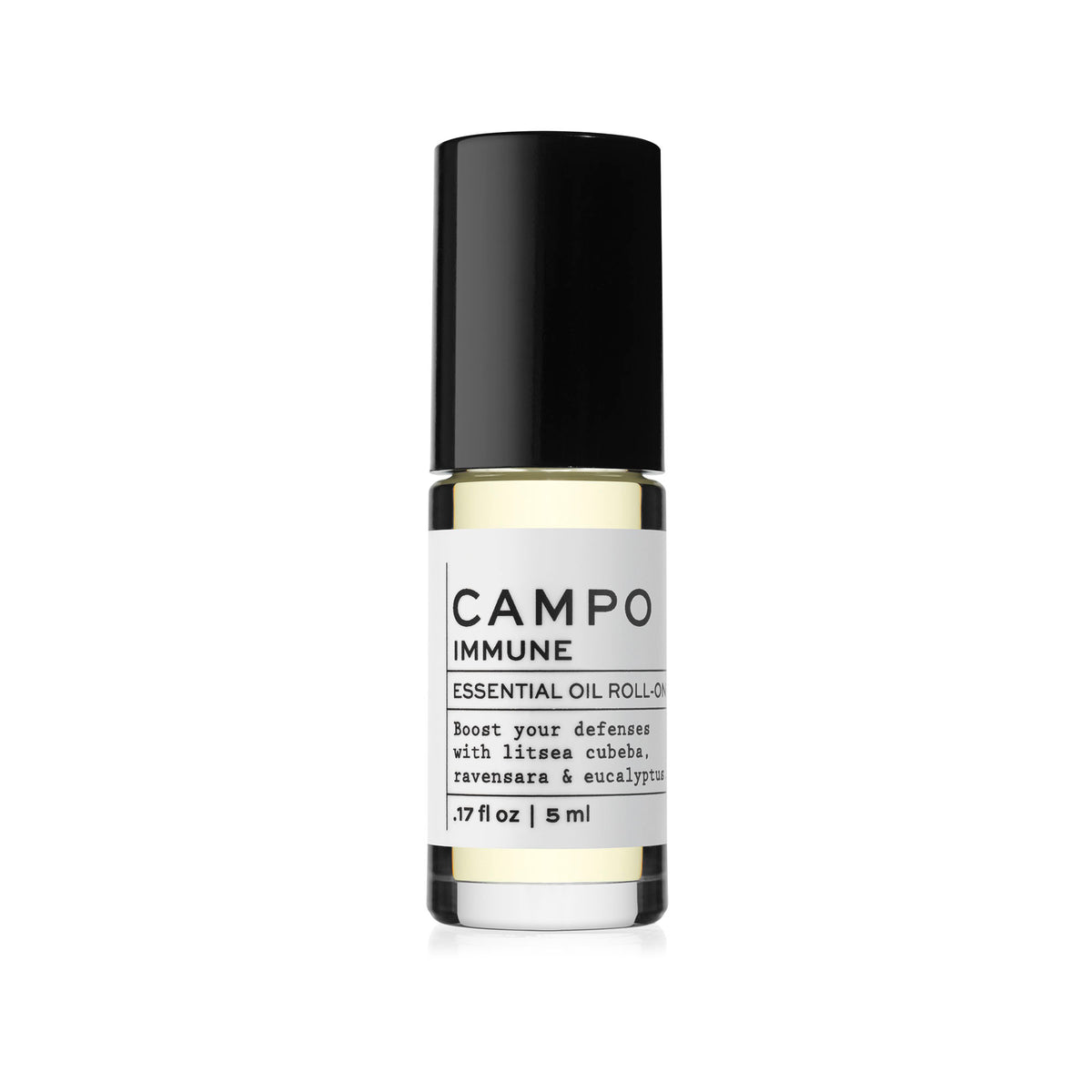 Campo Beauty Essential Oil IMMUNE Blend Roll-On that in 5 ml. Boost your defenses naturally. Help support your body’s natural defenses with this 100% natural essential oil roll-on blend of Litsea Cubeba, Ravensara &amp; Eucalyptus. Pre-blended with 100% natural beauty carrier oils. Jet set and ready to roll.