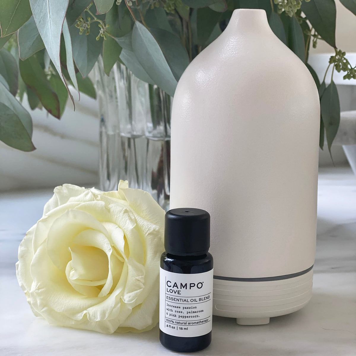 Campo Beauty LOVE Blend 15 ml Essential Oil. Inspires feelings of joy, positivity &amp; connection with this 100% natural pure essential oil blend of Rose, Wild Palmarosa, Black Pepper &amp; Pink Peppercorn.