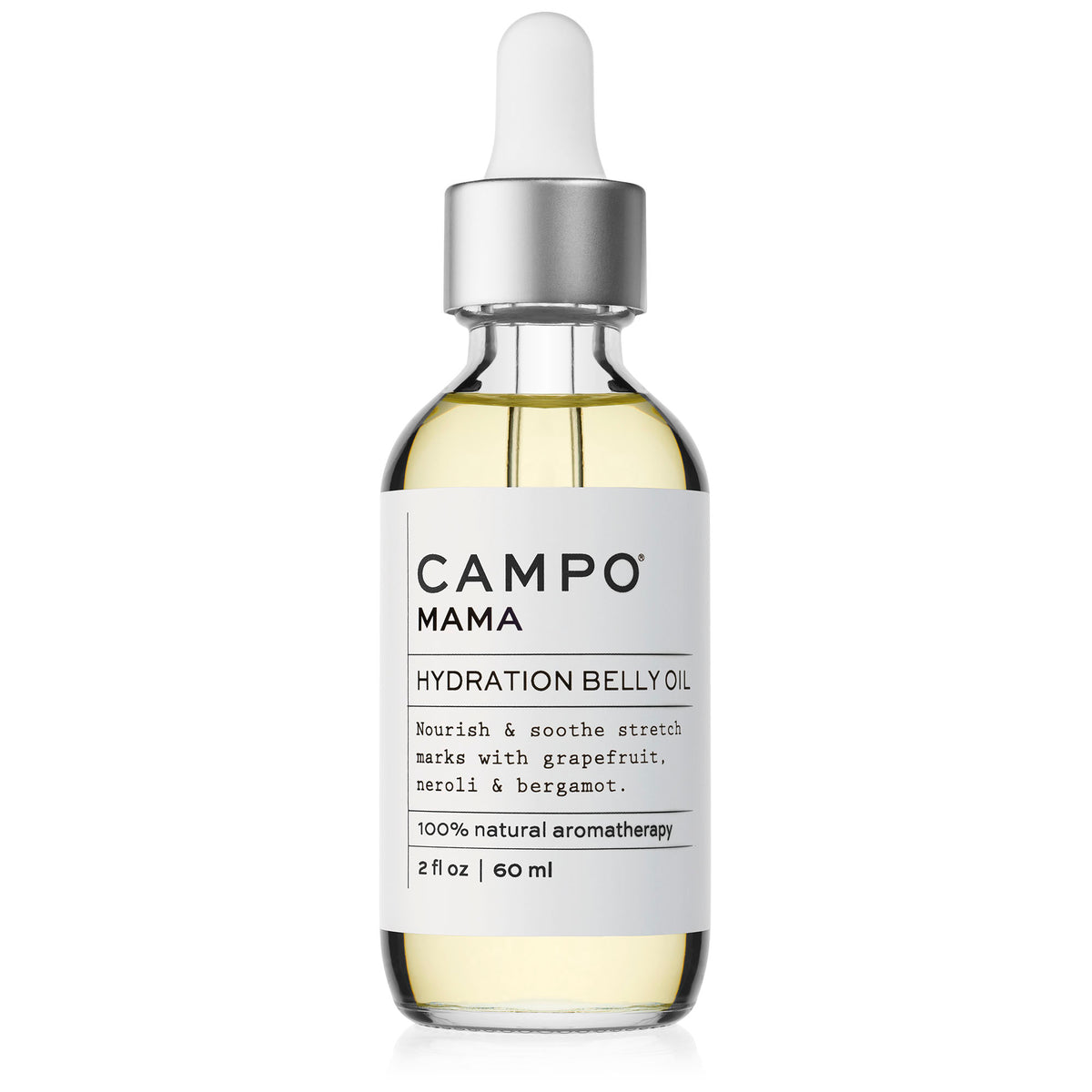 Campo Beauty Hydration Belly Oil - MAMA Stretch Mark Relief Blend that in 60 ml. Soothe sore muscles and pain. Nourish and soothe stretched skin with essential oils of grapefruit, neroli &amp; bergamot infused in luxury vitamin-rich beauty oils of sweet almond, camellia seed, avocado, olive oil, sunflower &amp; vitamin e. Help prevent stretch marks and give your skin an instant glow and an infusion of nourishing, deep hydration without a greasy feel. Soothe the itch.