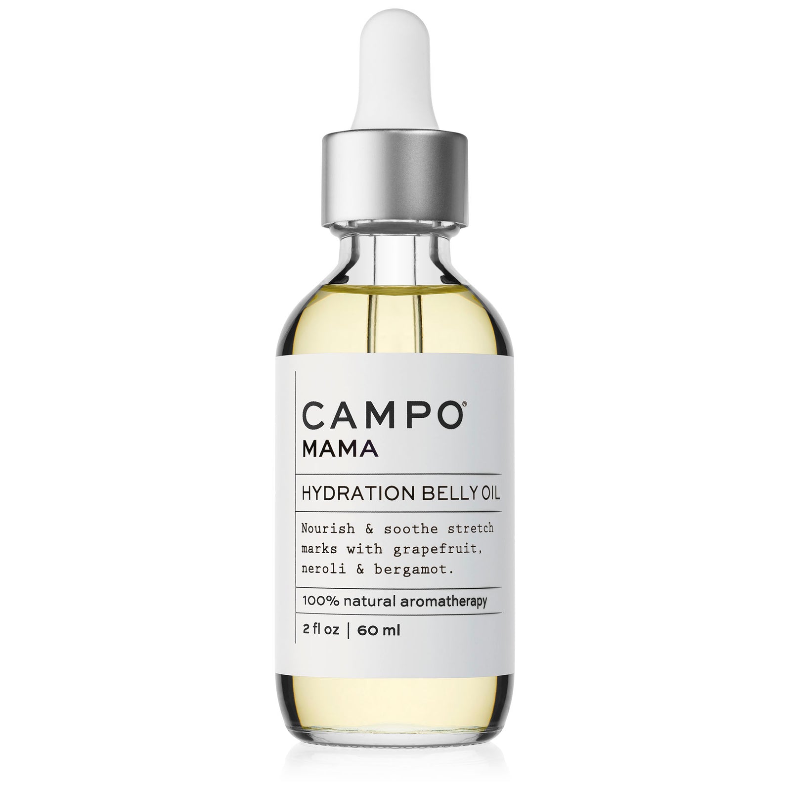 Campo Beauty Hydration Belly Oil - MAMA Stretch Mark Relief Blend that in 60 ml. Soothe sore muscles and pain. Nourish and soothe stretched skin with essential oils of grapefruit, neroli & bergamot infused in luxury vitamin-rich beauty oils of sweet almond, camellia seed, avocado, olive oil, sunflower & vitamin e. Help prevent stretch marks and give your skin an instant glow and an infusion of nourishing, deep hydration without a greasy feel. Soothe the itch.