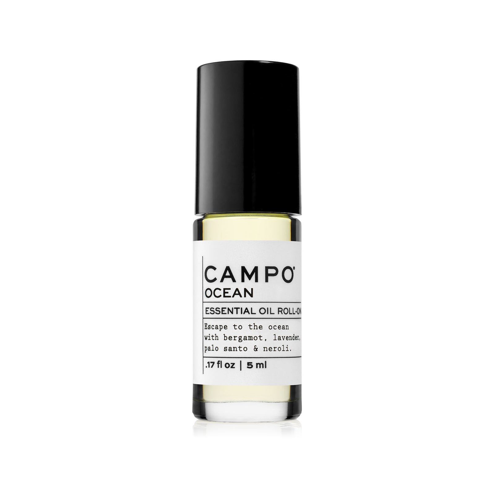 Campo Beauty OCEAN Essential Oil Roll-On in 5 ml. Escape to the ocean with this 100% pure essential oil blend of neroli, palo santo, lavender, and bergamot. Inspired by walks on the beach with orange blossoms in your hair, coastal lavender & driftwood from the sea.