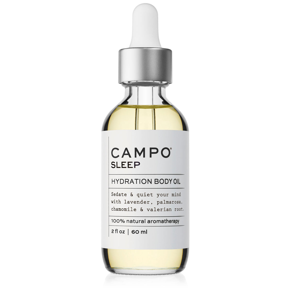 Campo Beauty Hydration Body Oil - SLEEP Blend that in 60 ml. Fall into a deep sleep with this 100% natural essential oil roll-on blend of French Lavender, Palmarosa, Roman Chamomile, and Valerian Root.  Gives your skin an infusion of nourishing &amp; deep hydration.