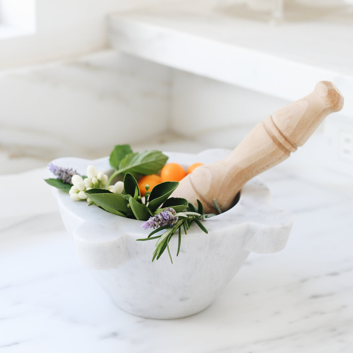 Campo herb botanicals in white marble blow with wood pastel.