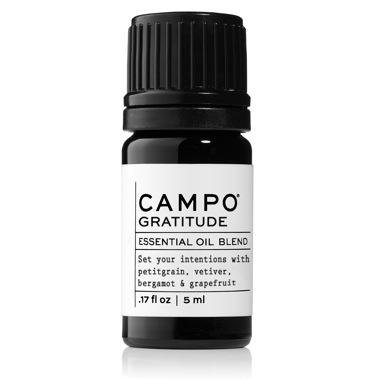 Campo Beauty GRATITUDE Blend 15 ml Essential Oil. Inspires feelings of purpose, courage & gratitude with 100% natural pure essential oil blend of Petitgrain, Bitter Orange, Vetiver, Grapefruit & Bergamot.