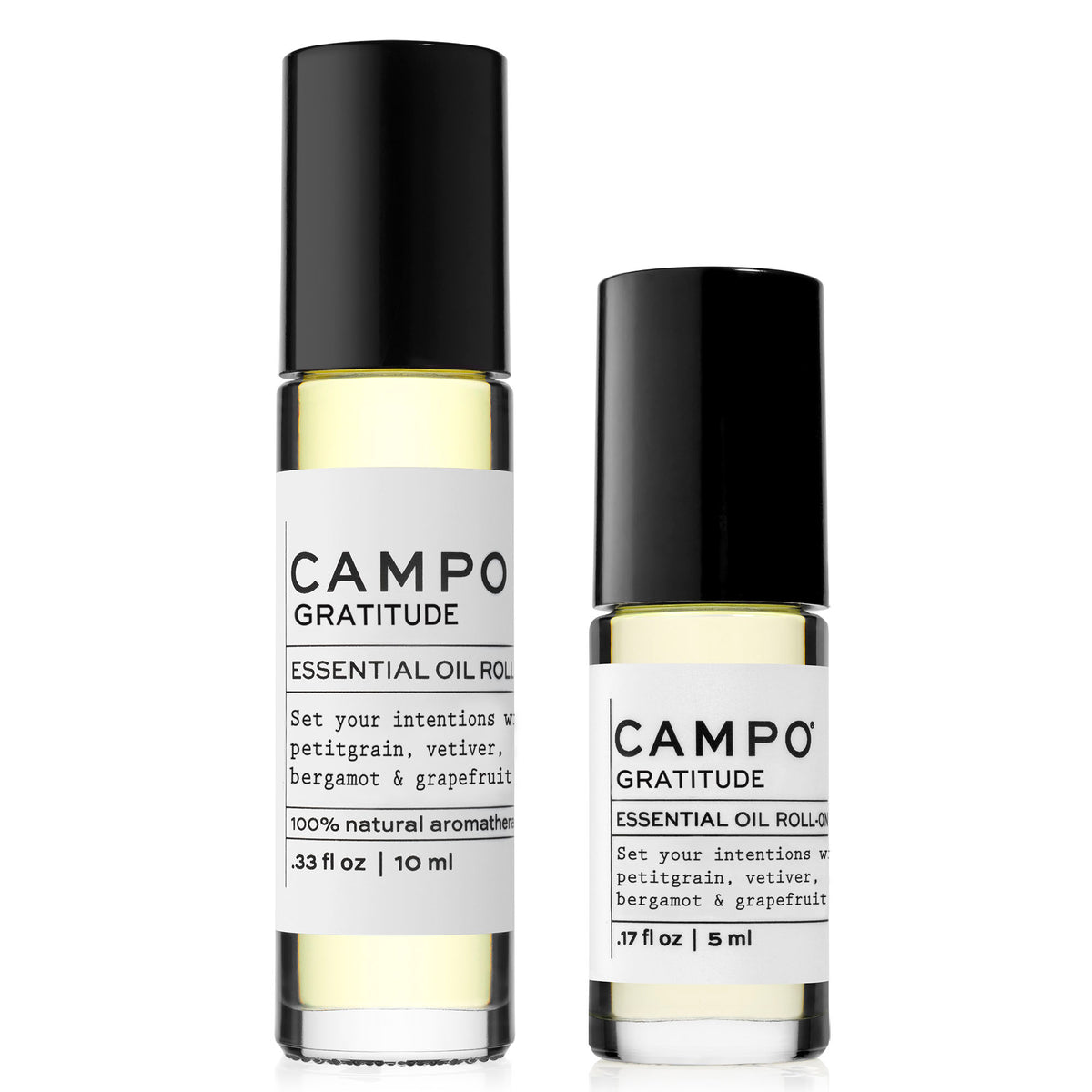 Campo Beauty Essential Oil GRATITUDE Blend Roll-On that in 5 ml and 10 ml. Inspires feelings of purpose, courage &amp; gratitude with 100% natural essential oil roll-on blend of Petitgrain, Bitter Orange, Vetiver, Grapefruit &amp; Bergamot.
