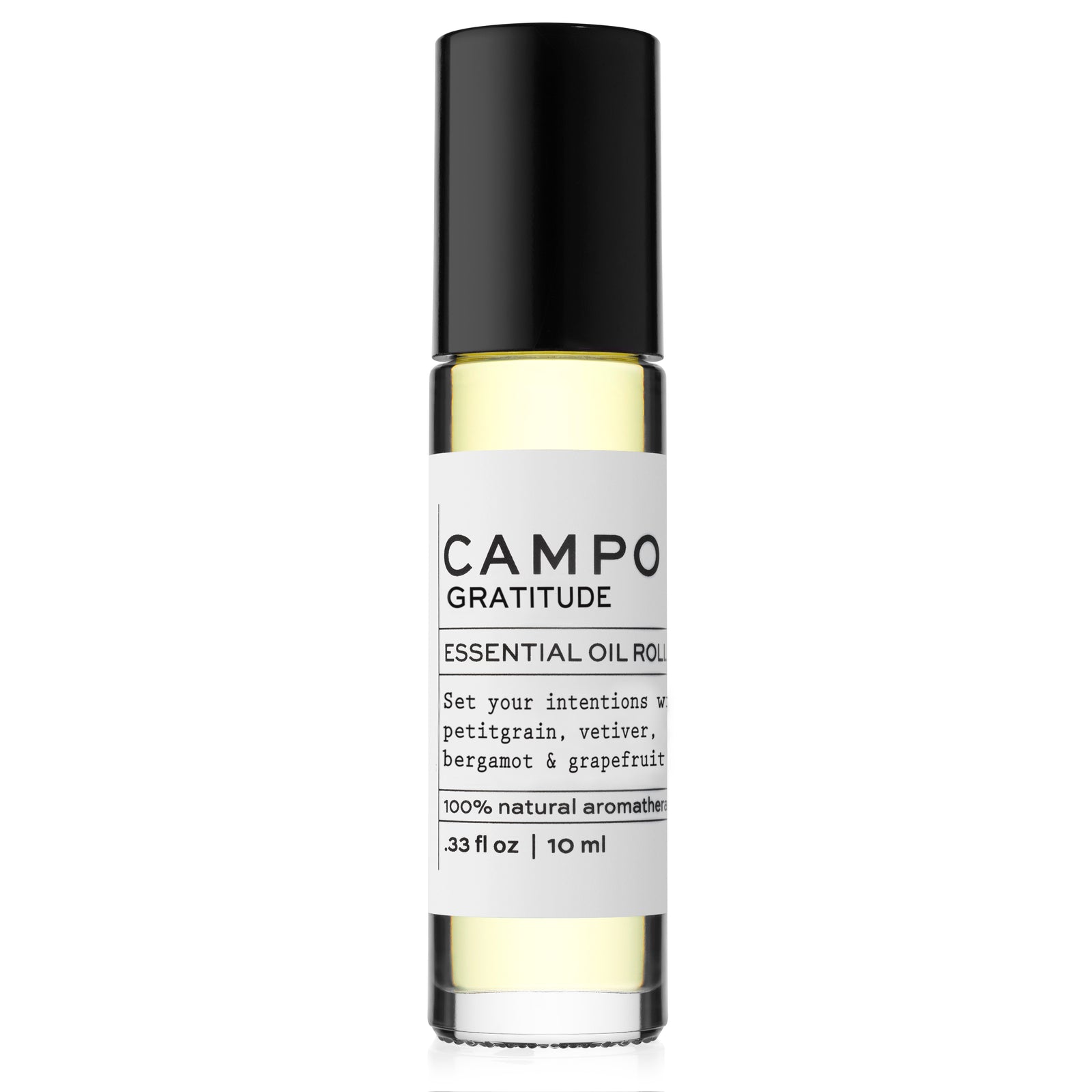 Campo Beauty Essential Oil GRATITUDE Blend Roll-On that in 10 ml. Inspires feelings of purpose, courage & gratitude with 100% natural essential oil roll-on blend of Petitgrain, Bitter Orange, Vetiver, Grapefruit & Bergamot.
