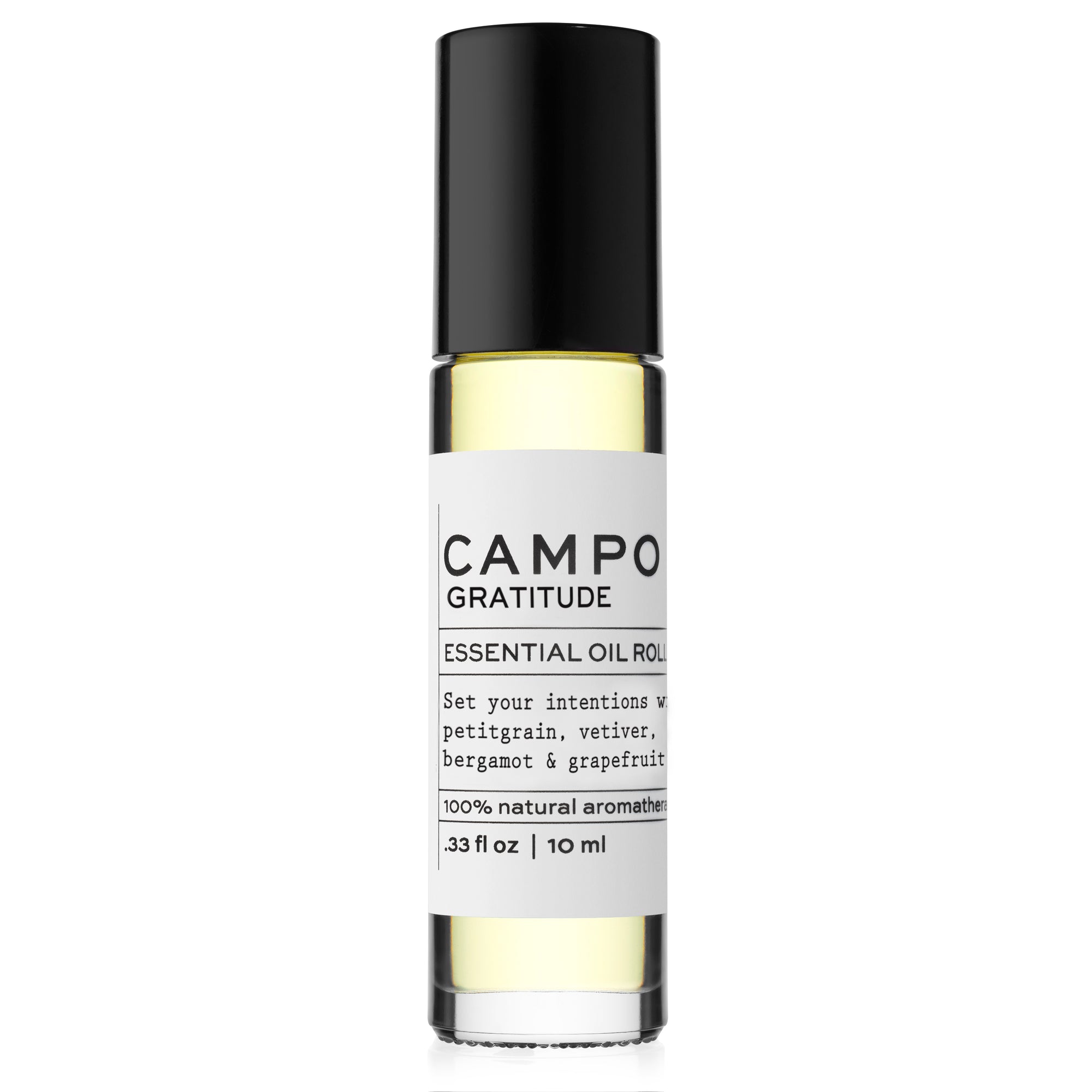 Campo Beauty Essential Oil GRATITUDE Blend Roll-On that in 10 ml. Inspires feelings of purpose, courage & gratitude with 100% natural essential oil roll-on blend of Petitgrain, Bitter Orange, Vetiver, Grapefruit & Bergamot.
